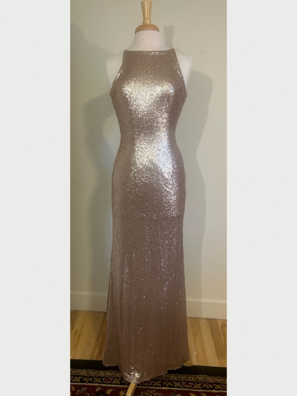 LuLu’s Champagne Sequined Floor Length Dress with Cowl Draped Back